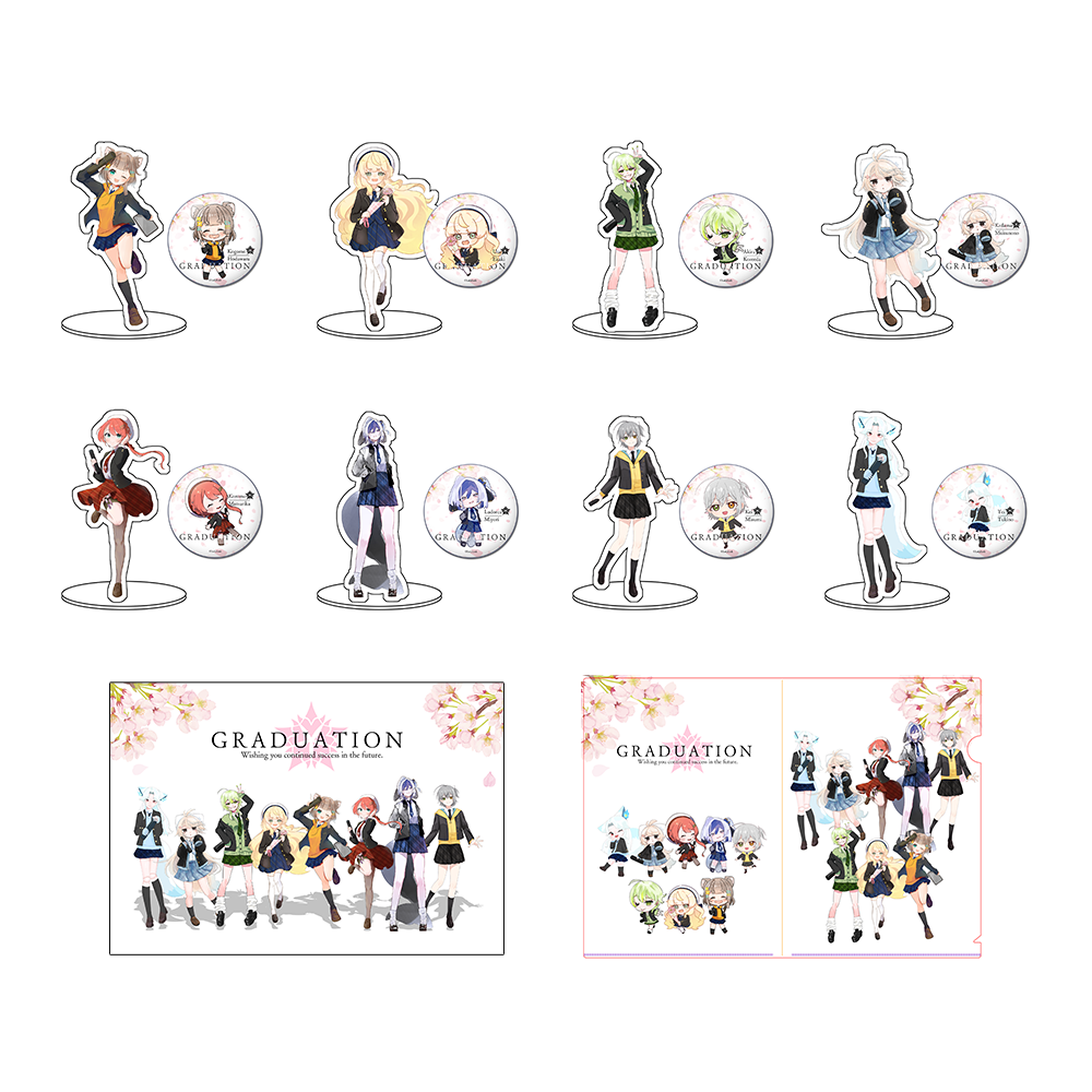 卒業式フルセット(70mmアクスタ+54mm缶バッジ8種セット+ポストカード+クリアファイル)
