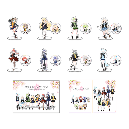 卒業式フルセット（70mmアクスタ+54mm缶バッジ8種セット＋ポストカード＋クリアファイル）
